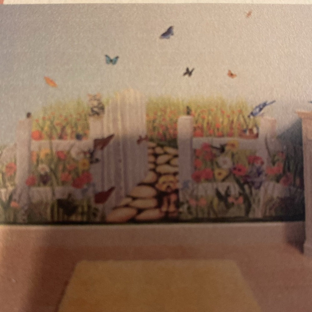 Decorative Tatouage Hand Painted Rub on Mural with Dog and Flowers